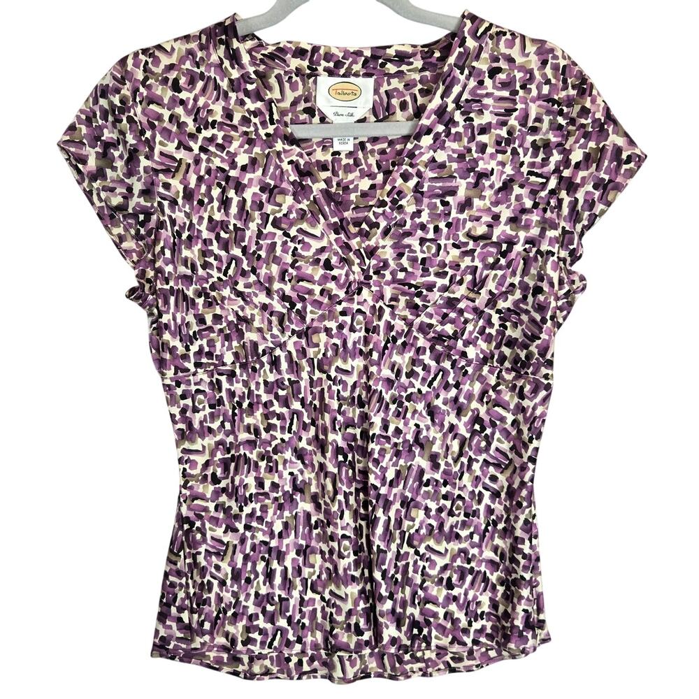 Talbots Silk Y2K Pleat Babydoll Top 8 Purple Abstract Career Casual Glam Blouse